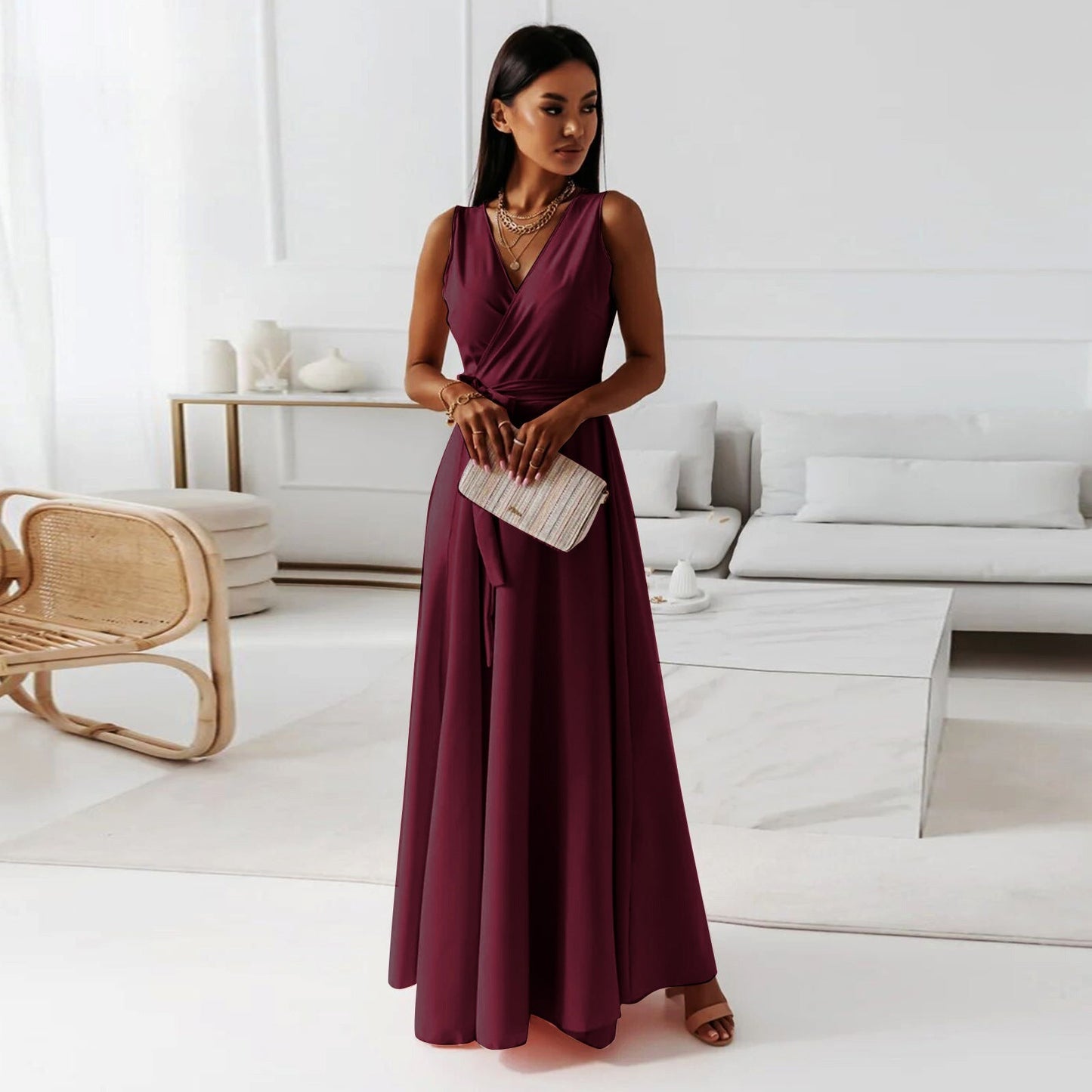 Paye | Damen einfarbig V-Ausschnitt Langes Kleid