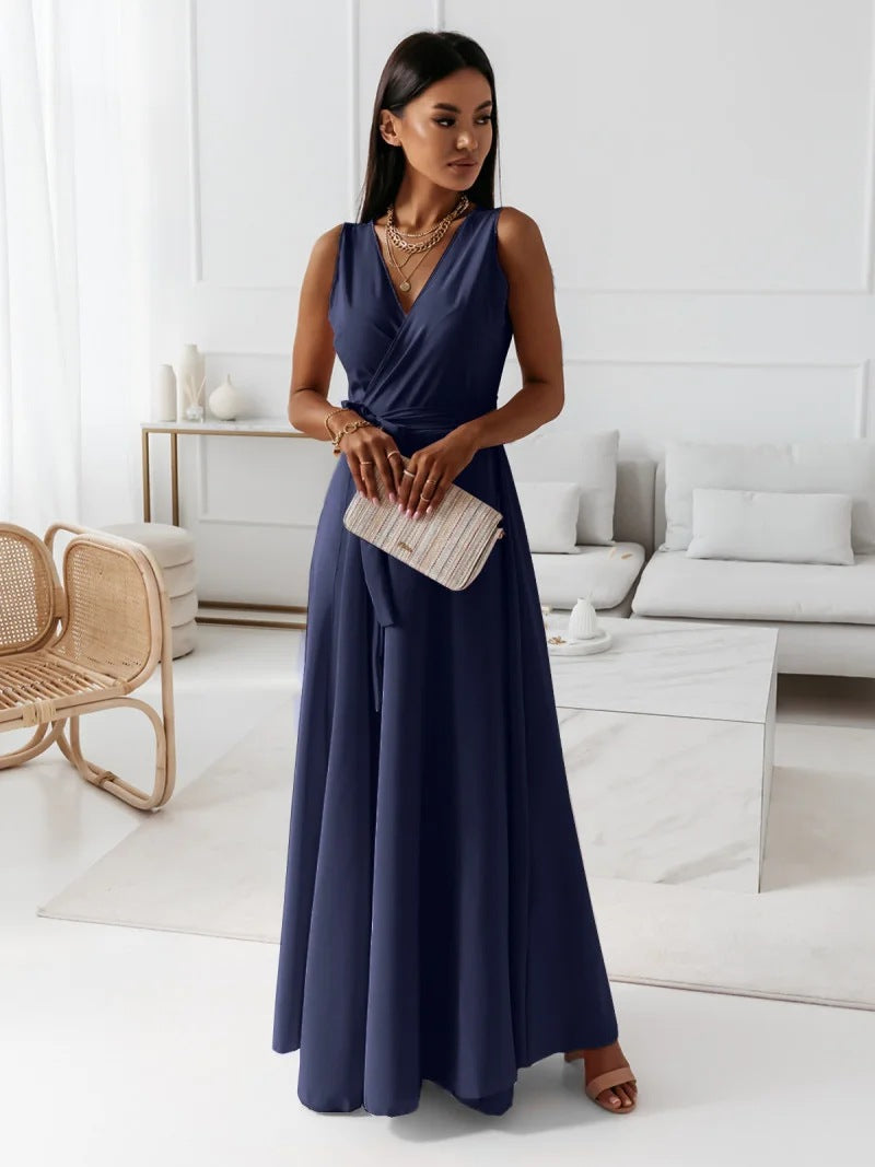 Paye | Damen einfarbig V-Ausschnitt Langes Kleid