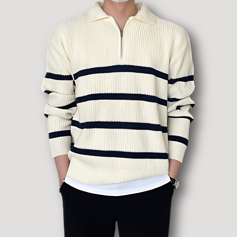 Kian | Rippenmuster Gestrickter Half Zip Pullover mit Horizontalen Streifen