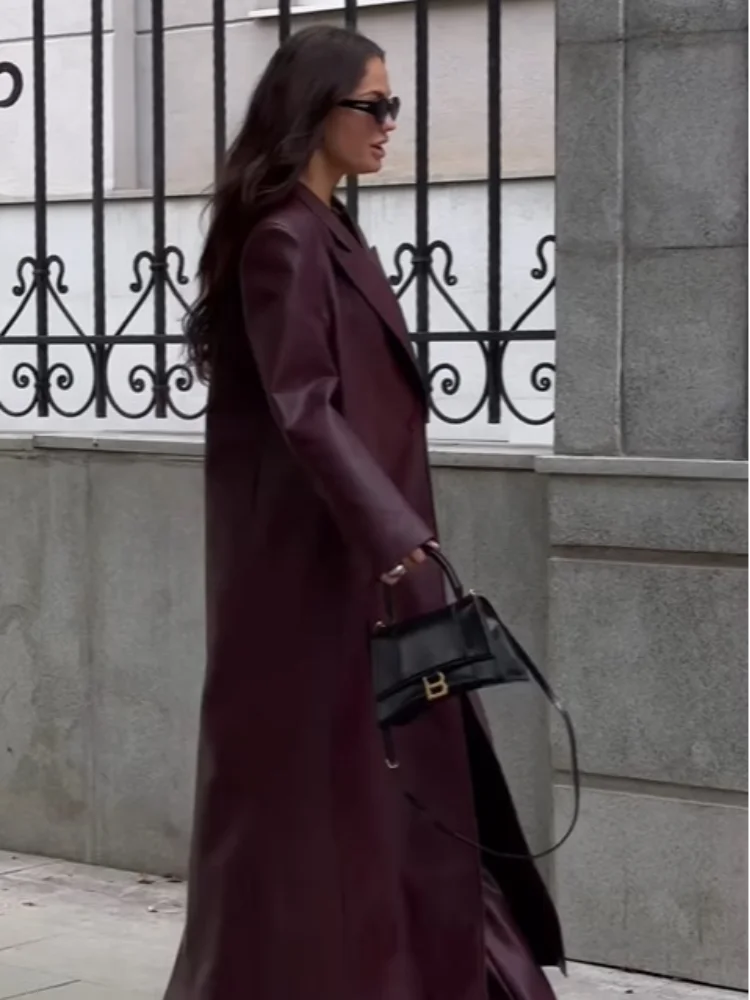 Fatim | Oversized Burgunderroter PU-Ledermantel für Damen