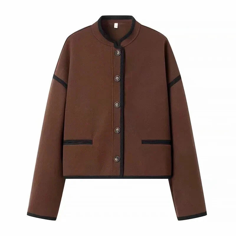 Lyna | Damen einreihiger Wollmantel in Braun, lässig chic mit Puffärmeln und Stehkragen