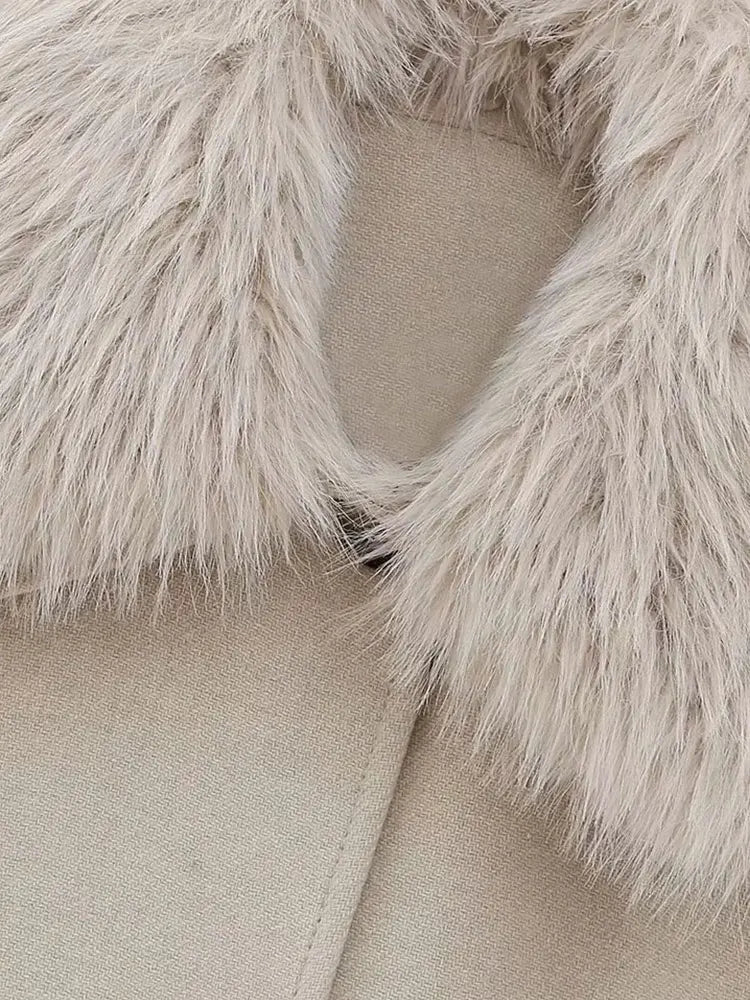 Malio | Damen Mantel mit Puffärmeln und Kunstfellkragen – Warme Wolljacke für Herbst/Winter