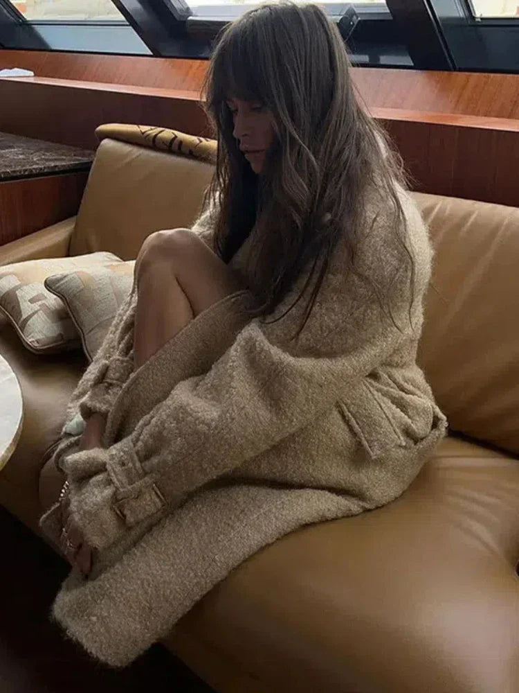 Ysee | Eleganter Wollmantel in Apricot mit Gürtel und Taschen für Damen