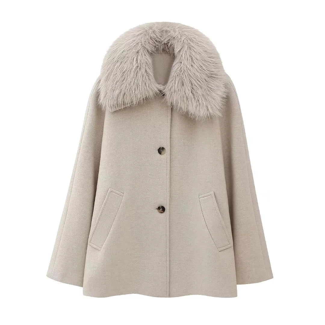 Malio | Damen Mantel mit Puffärmeln und Kunstfellkragen – Warme Wolljacke für Herbst/Winter