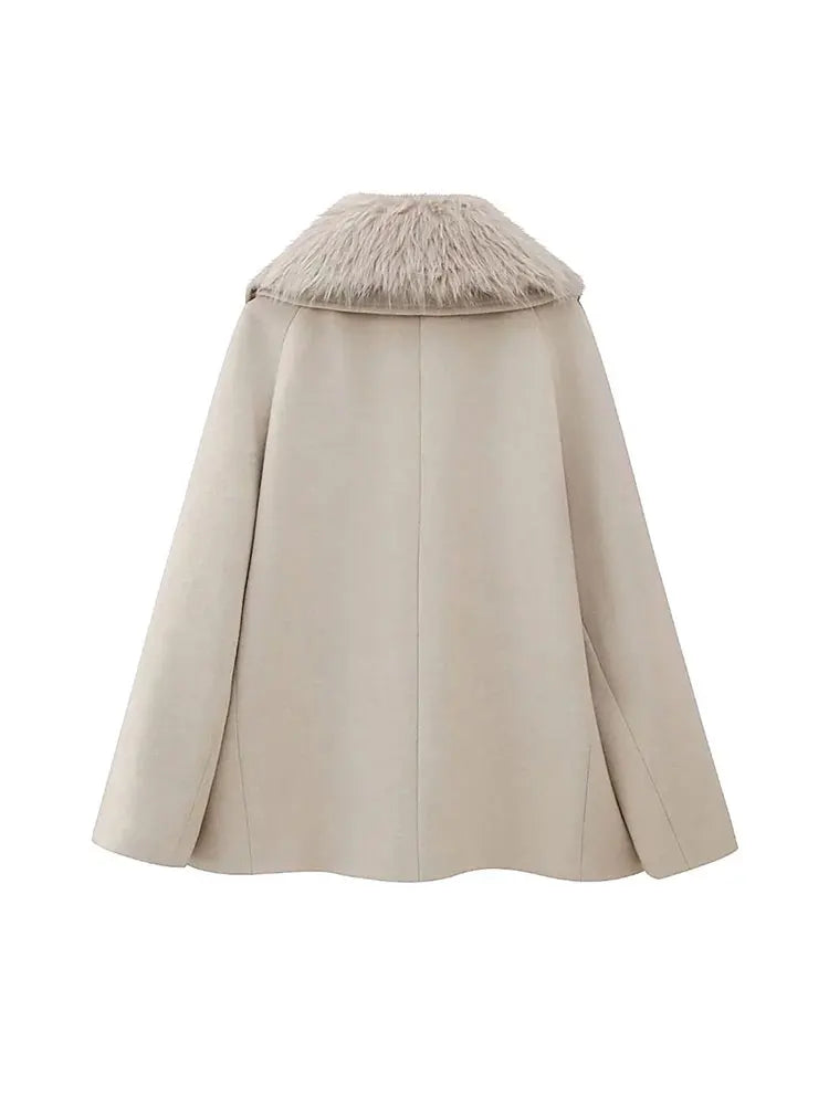Malio | Damen Mantel mit Puffärmeln und Kunstfellkragen – Warme Wolljacke für Herbst/Winter