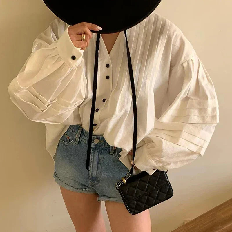 Kendall | Geplooide Bluse mit V-Ausschnitt und Pofärmeln