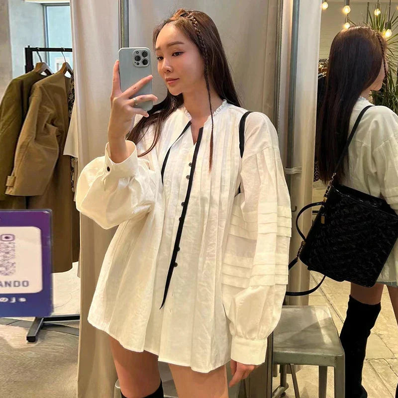 Kendall | Geplooide Bluse mit V-Ausschnitt und Pofärmeln
