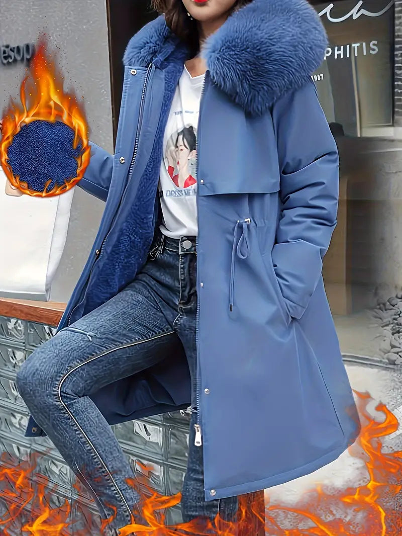 Casua | Damen Casual Style Baumwollmantel mit Kunstfellkapuze und Kordelzug