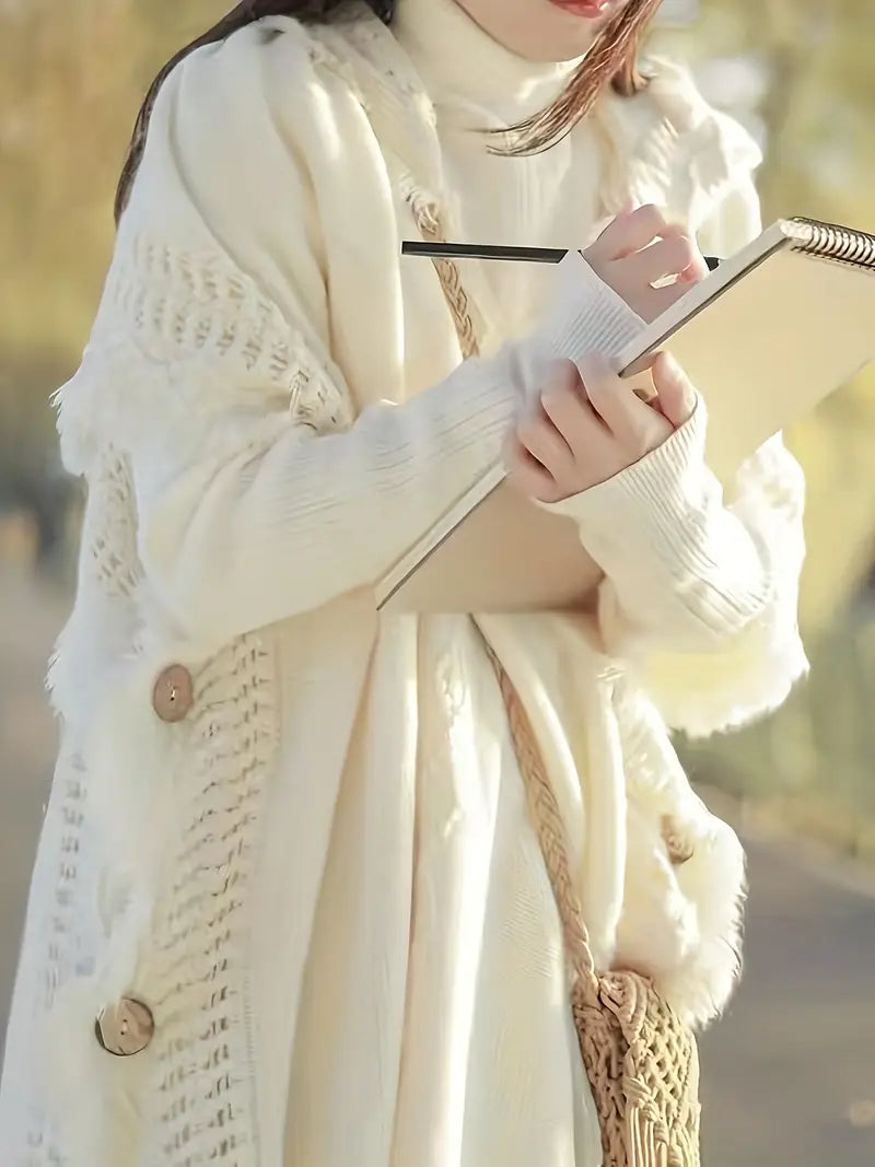 Sweaty | Hooded Cape Sweater mit Knöpfen – Elegant mit Quasten