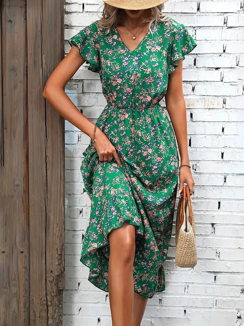 Marie - Elegant V-Neck Kleid mit Blumenmuster und Flatterärmeln