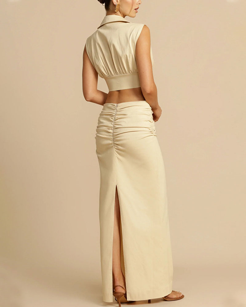 Aeliana | Ärmelloses tiefes V-Ausschnitt Crop Top und Maxi Rock Set