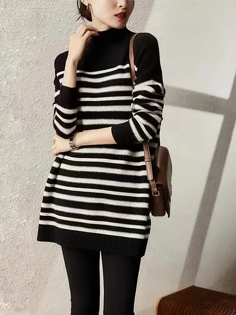 Striped | Eleganter Streifen-Pullover mit Hochkragen für Damen – Freizeit-Trikot