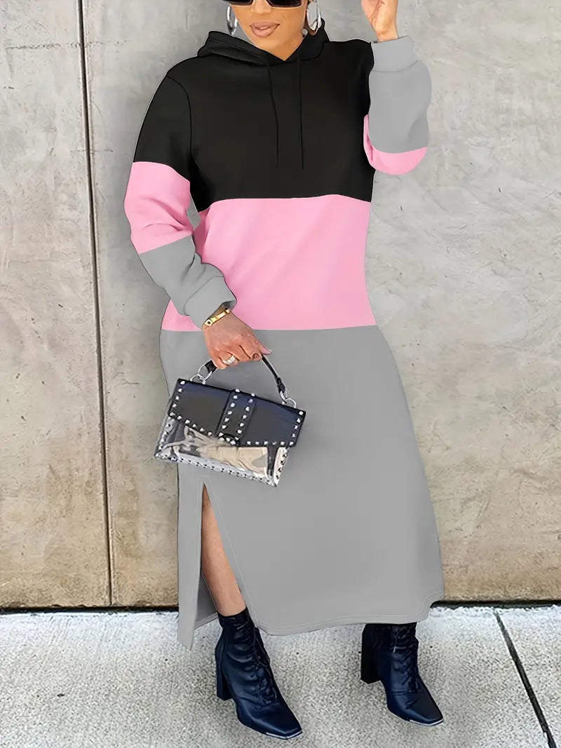 Pinkry | Kapuzenpulli in Übergröße Kleid – Colorblock, Maxi, mit Schlitz