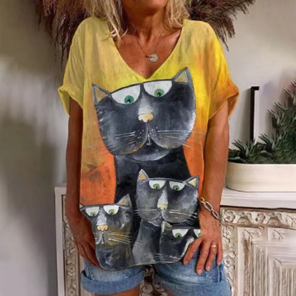 Cathrine | Frauen V-Ausschnitt Lose Passform Katze Grafik-T-Shirt