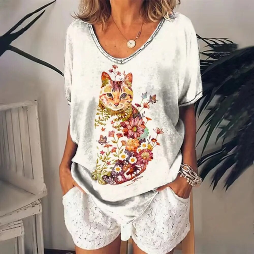 Cathrine | Frauen V-Ausschnitt Lose Passform Katze Grafik-T-Shirt
