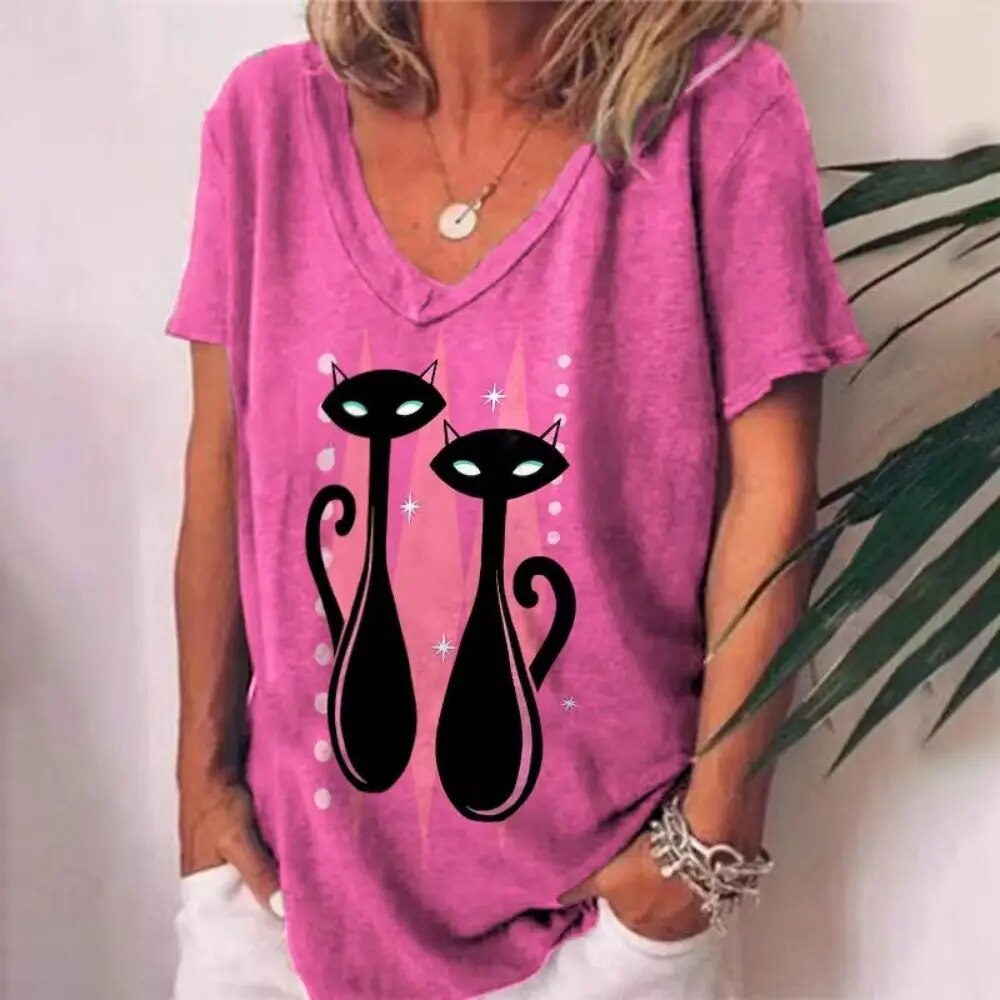 Cathrine | Frauen V-Ausschnitt Lose Passform Katze Grafik-T-Shirt