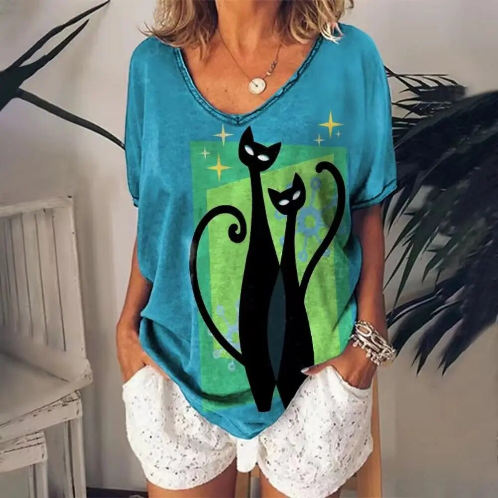 Cathrine | Frauen V-Ausschnitt Lose Passform Katze Grafik-T-Shirt