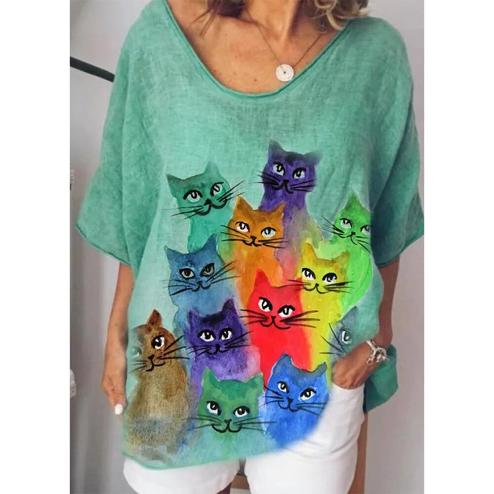Cathrine | Frauen V-Ausschnitt Lose Passform Katze Grafik-T-Shirt