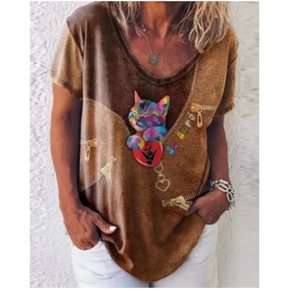 Cathrine | Frauen V-Ausschnitt Lose Passform Katze Grafik-T-Shirt