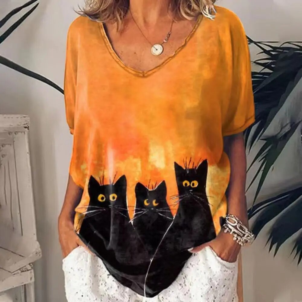 Cathrine | Frauen V-Ausschnitt Lose Passform Katze Grafik-T-Shirt