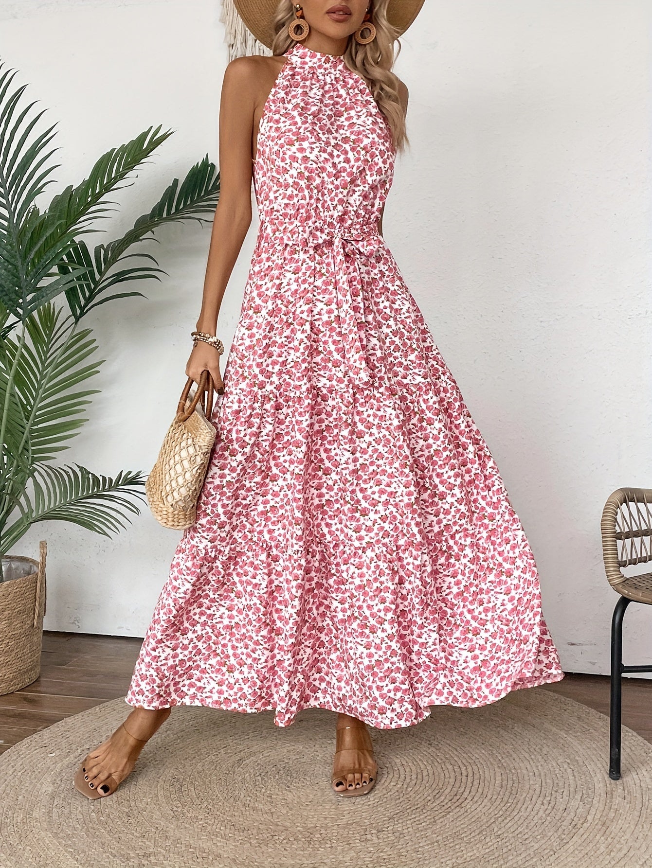 Nelda | Rosa Blumenkleid mit Halterneck