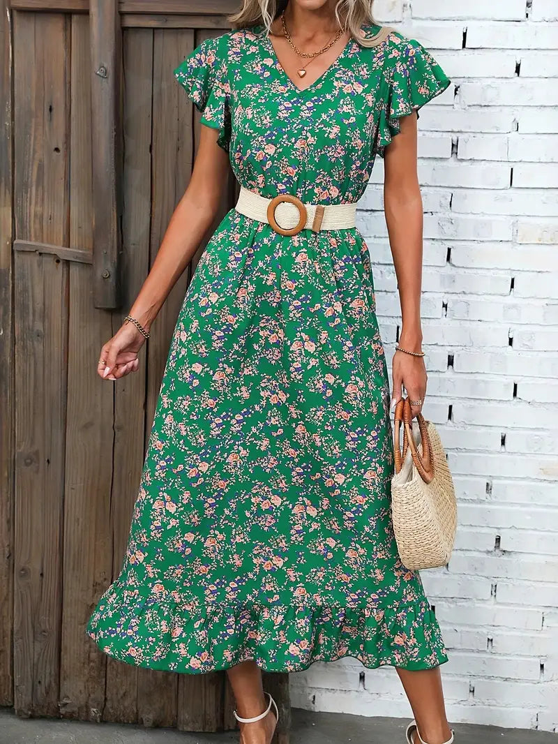 Marie - Elegant V-Neck Kleid mit Blumenmuster und Flatterärmeln