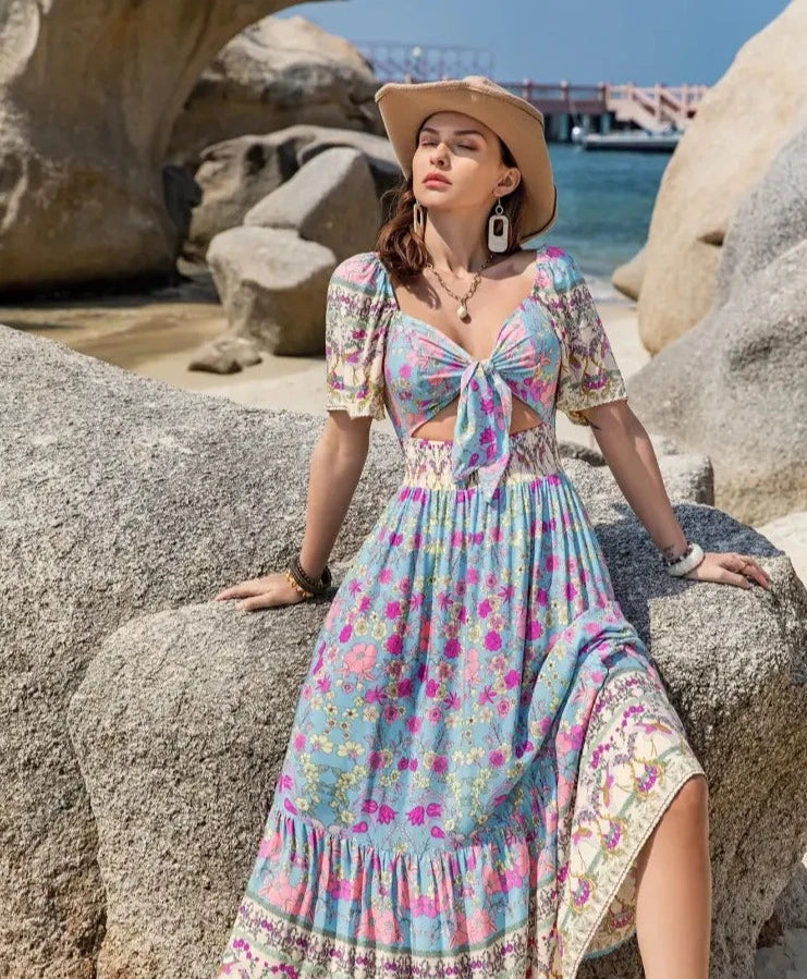 Bryndis | Blumen-Sommerkleid Blau
