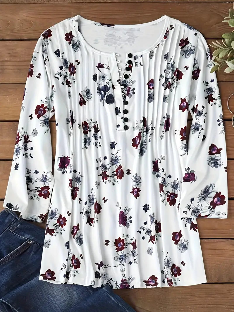 Saskia - Florales Blümchen-Tee mit V-Ausschnitt und gerüschten Ärmeln