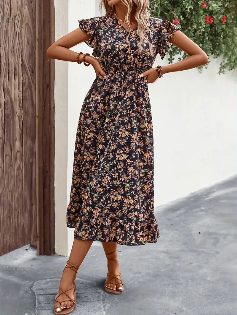 Marie - Elegant V-Neck Kleid mit Blumenmuster und Flatterärmeln
