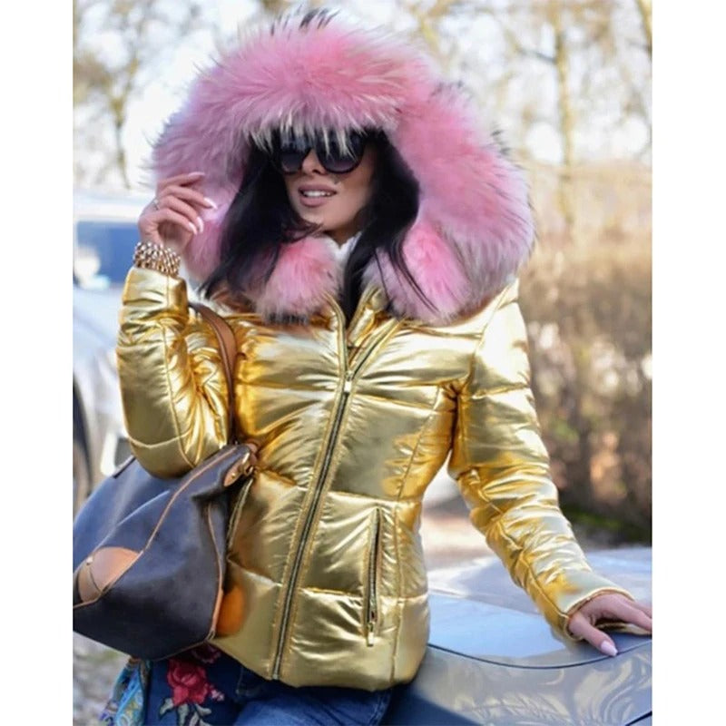 Elisee | Winterjacke mit Kunstfellkapuze und glänzendem Finish