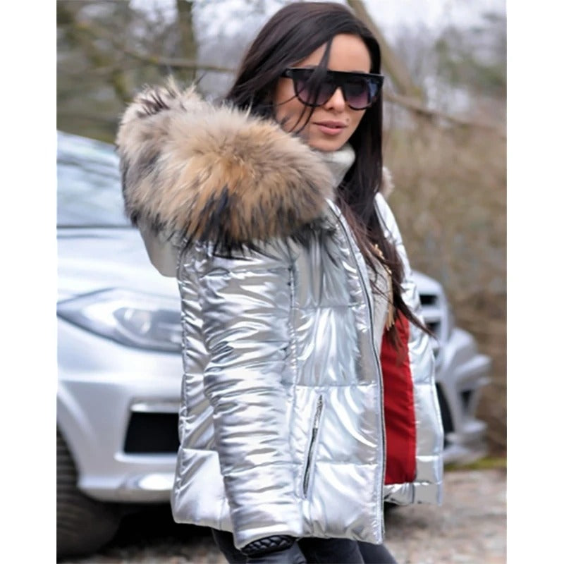 Elisee | Winterjacke mit Kunstfellkapuze und glänzendem Finish