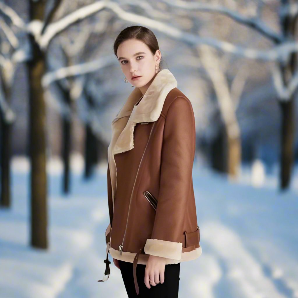 Adriena | Stilvolle Leder Bikerjacke mit Polokragen und Gürtel