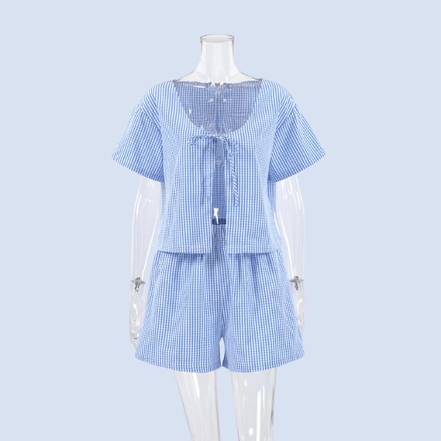 Naddy | Gingham-Romper mit Schlüssellochausschnitt und Schleifendetail
