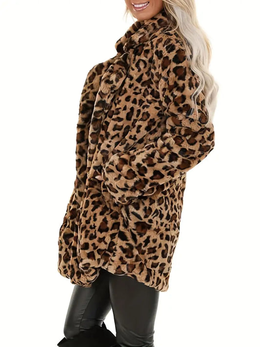 Teddi | Teddyfleece-Mantel mit Leopardenmuster, Reverskragen, Tunika mit Taschen