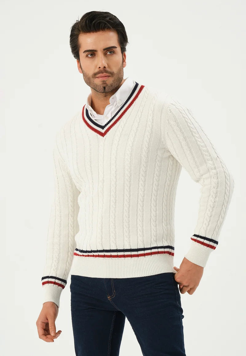 Kace | Weißer V-Ausschnitt Kabel Gestrickter Streifenpullover