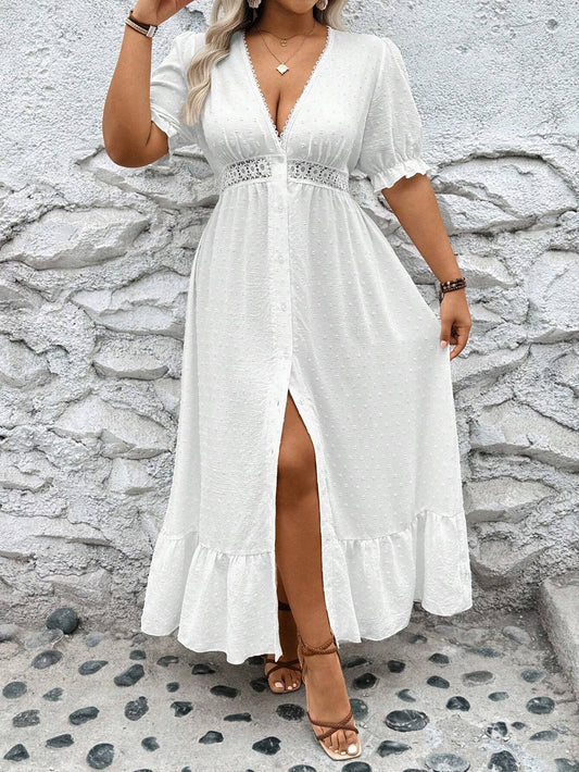 Penelope-Midi Übergröße Kleid mit tiefem V-Ausschnitt und Oberschenkelschlitz