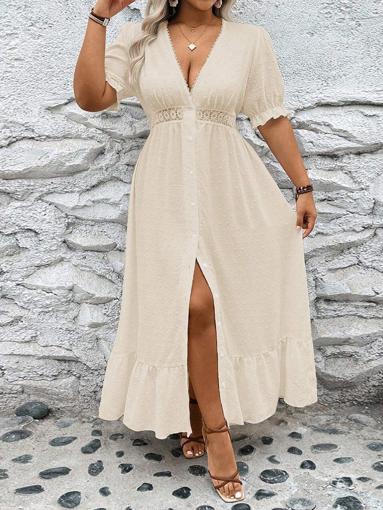 Midi |  Übergröße Kleid mit tiefem V-Ausschnitt und Oberschenkelschlitz
