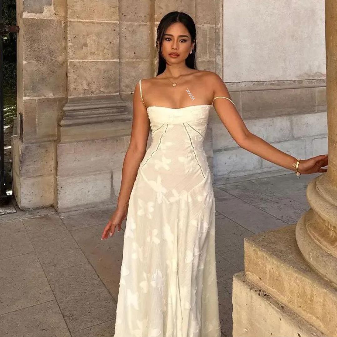 Isabelle | Trägerloses Jacquard-Maxikleid mit dezentem Blumenmuster