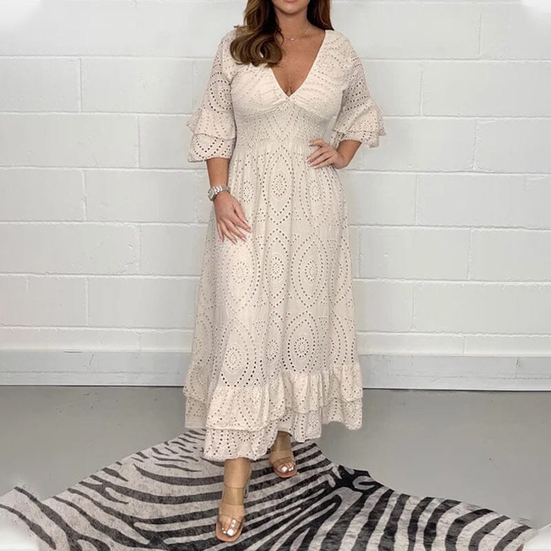 Nathalia | Besticktes Anglaise-Midikleid mit Rüschenärmeln