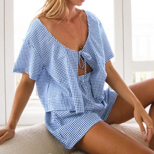 Naddy | Gingham-Romper mit Schlüssellochausschnitt und Schleifendetail