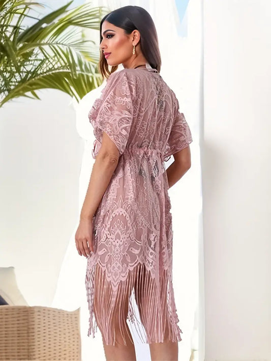 Jenny | Rosa Spitze Fransen Kordelzug Cover-up Kimono