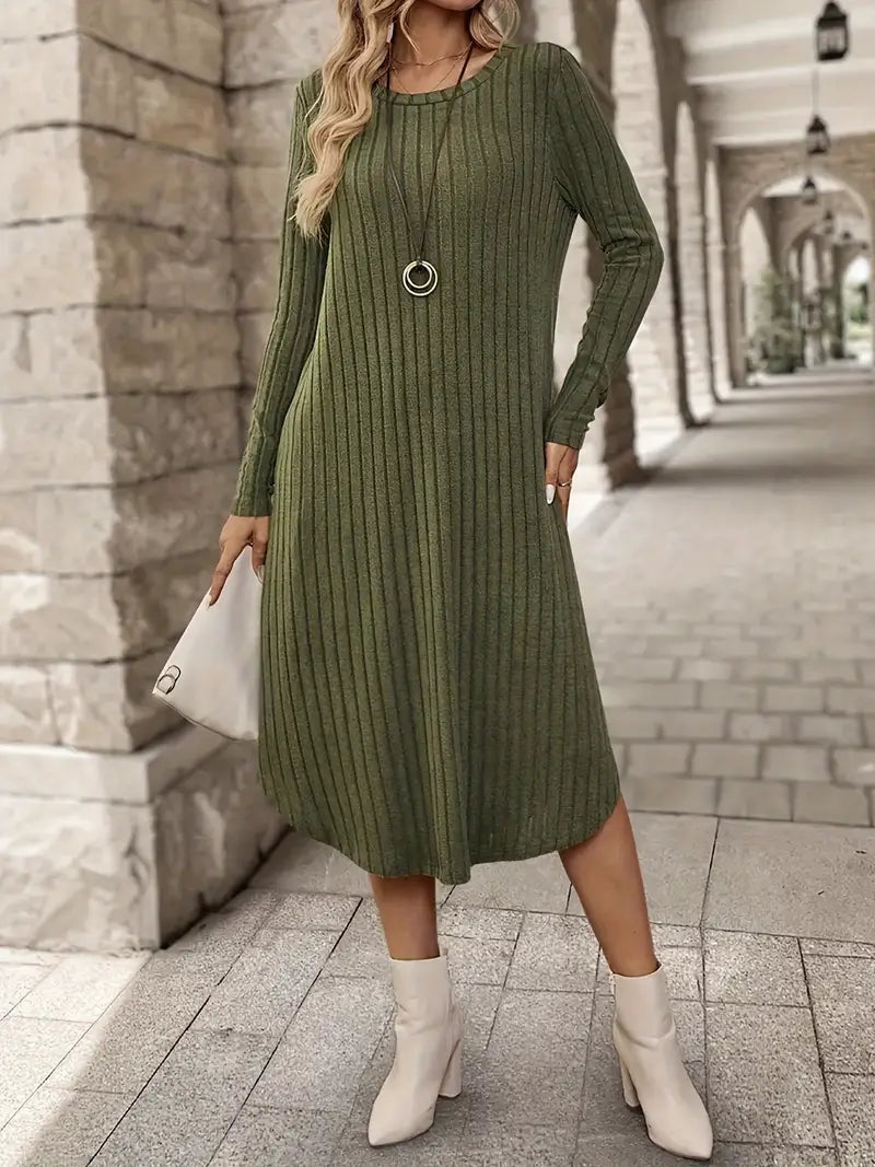 Midi | Schickes langärmliges Midikleid für Damen aus Rippstrick