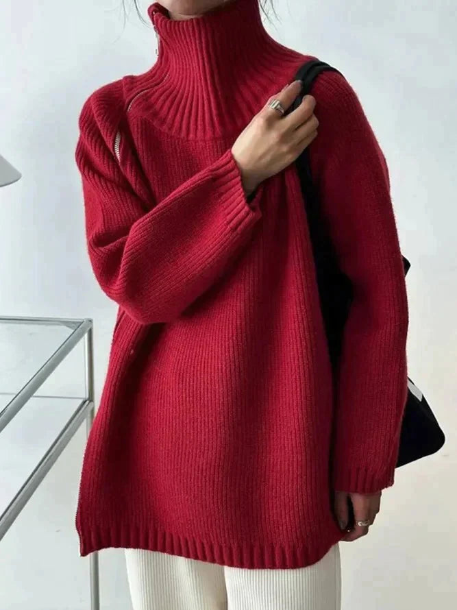 Daelia | Roter einfarbiger Pullover mit hohem Halsausschnitt