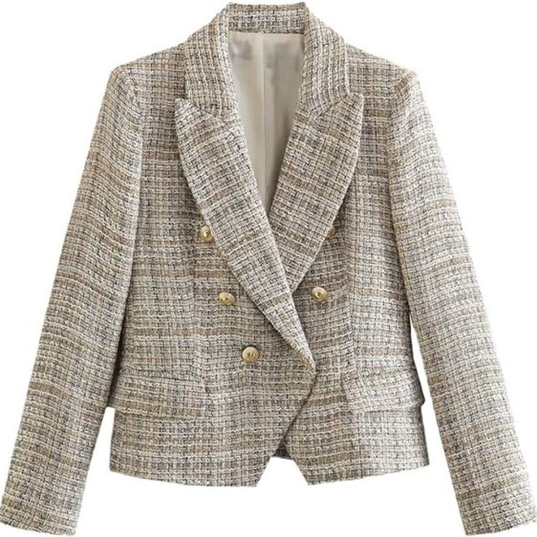 Uptun | Getailleerde Tweed Blazer met Gouden Knoopdetails