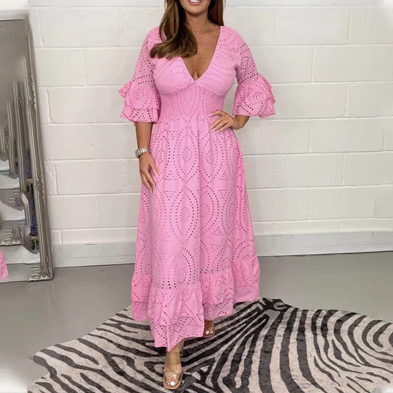 Nathalia | Besticktes Anglaise-Midikleid mit Rüschenärmeln