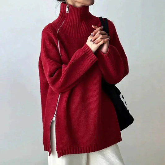 Daelia | Roter einfarbiger Pullover mit hohem Halsausschnitt