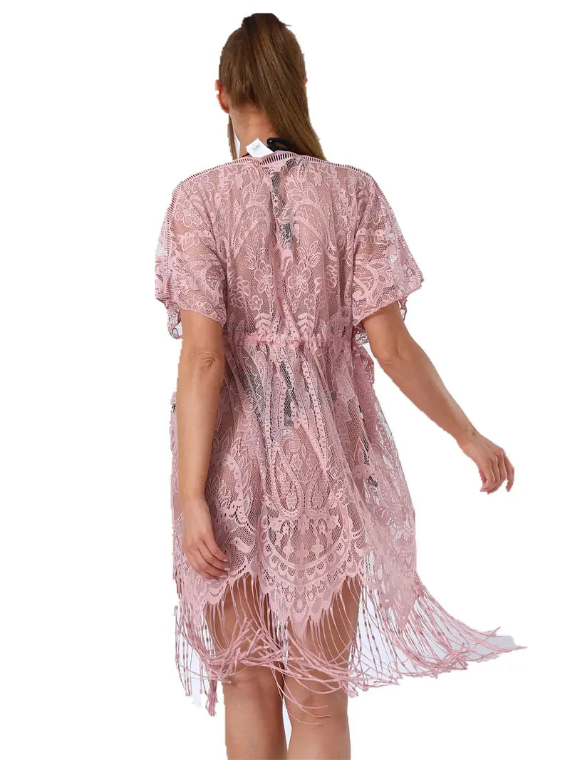 Jenny | Rosa Spitze Fransen Kordelzug Cover-up Kimono