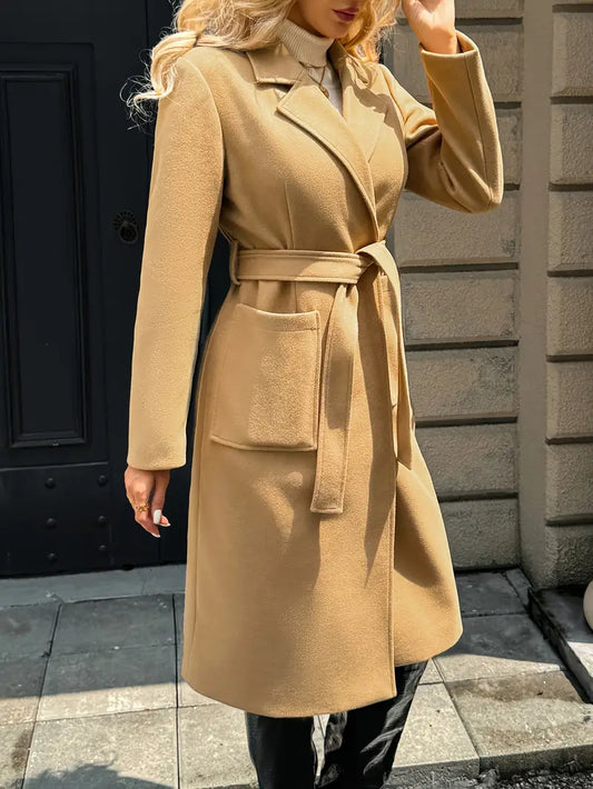 Kile | Eleganter langer Polyestermantel mit Gürtel – Einfarbig