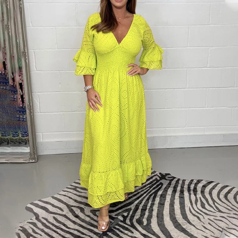 Nathalia | Besticktes Anglaise-Midikleid mit Rüschenärmeln