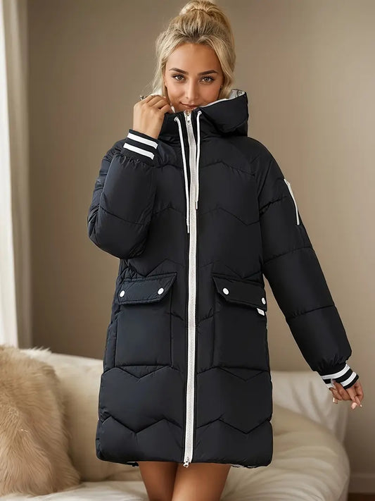 Dewanie | Casual Damen-Daunenmantel mit Kapuze – Langarm, Unifarben